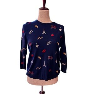 Talbots Petites Paris Embroidered Sweater MP Navy Eiffel Tower‎ Croissant Coffee